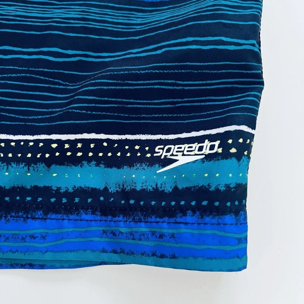 Speedo Men's XXL Swim Trunks Blue Striped Board Shorts Mesh Lined Drawstring